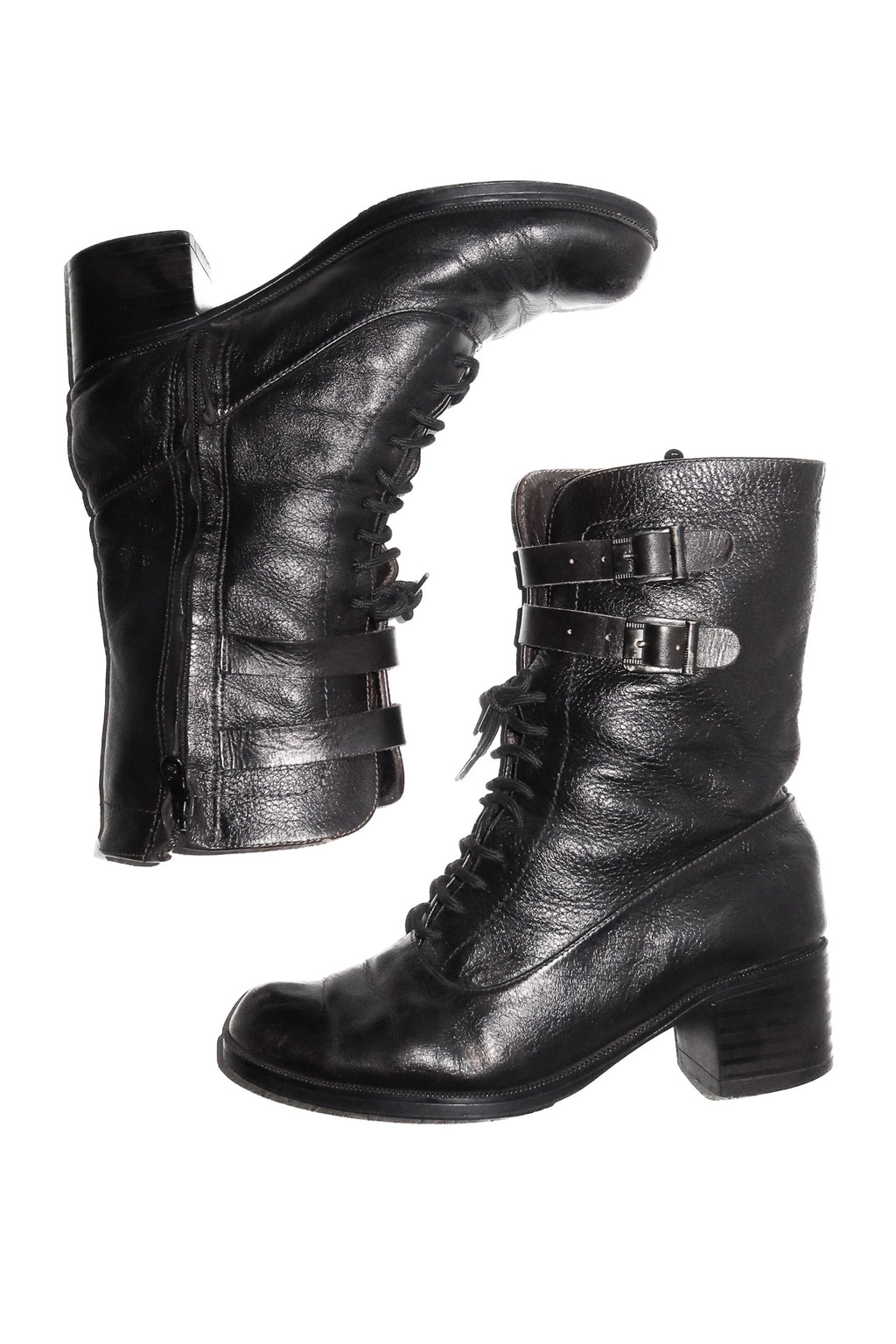 vintage leather moto lace-up buckle boots brown/black.
