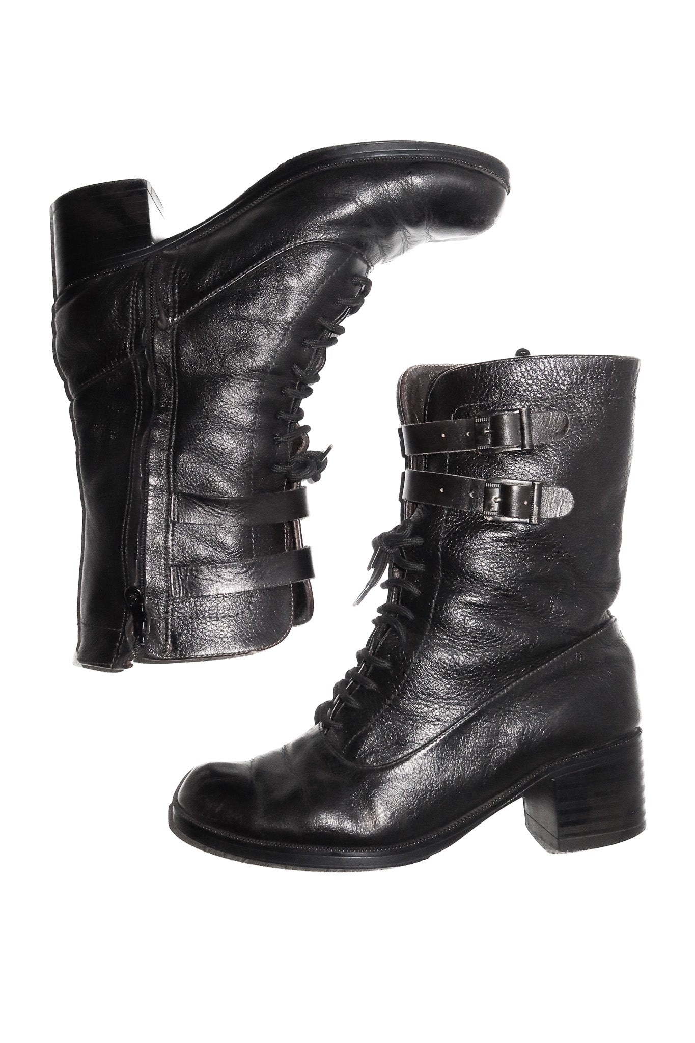 vintage leather moto lace-up buckle boots brown/black.