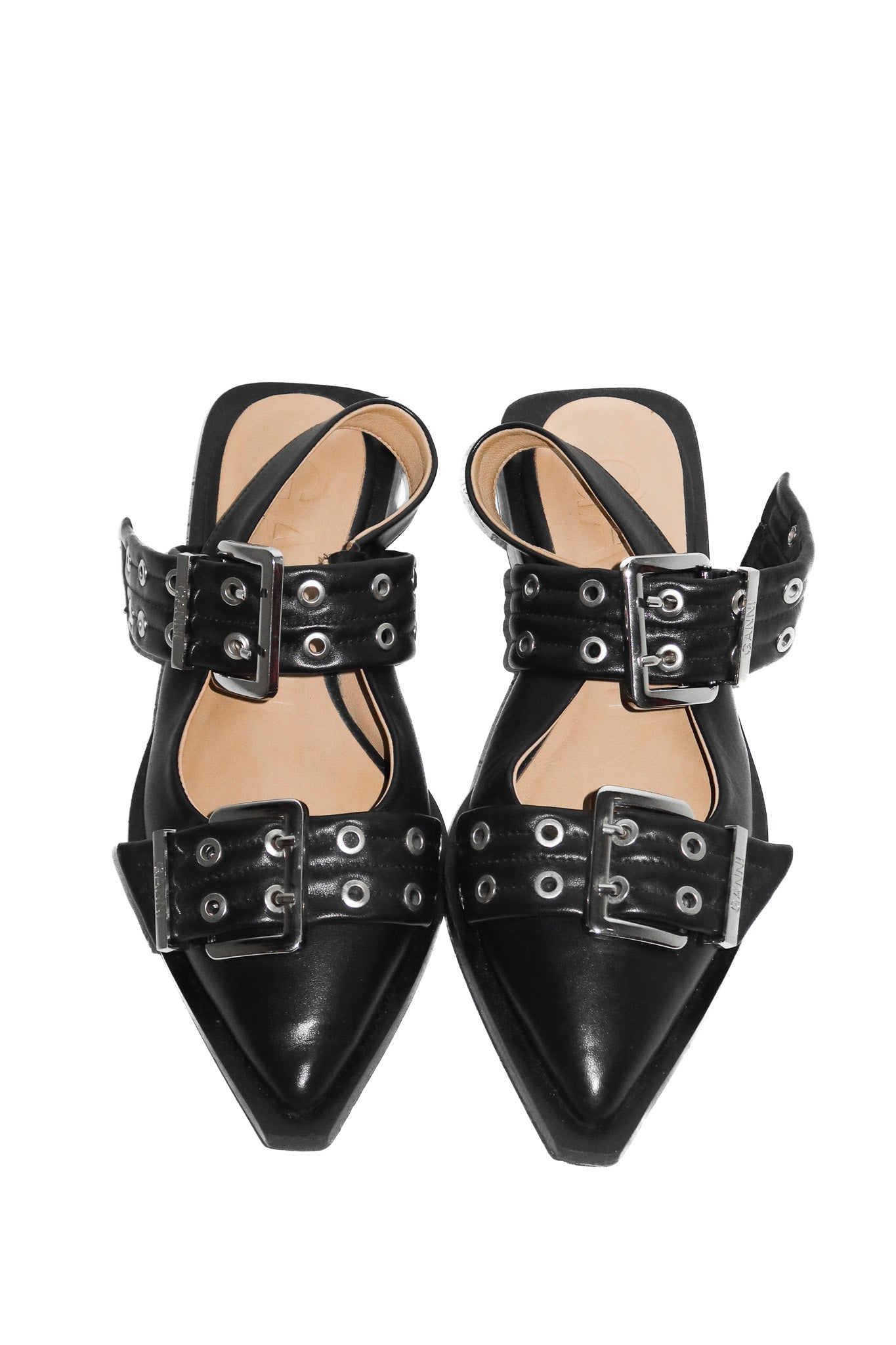 ganni pointed toe buckle flats black.