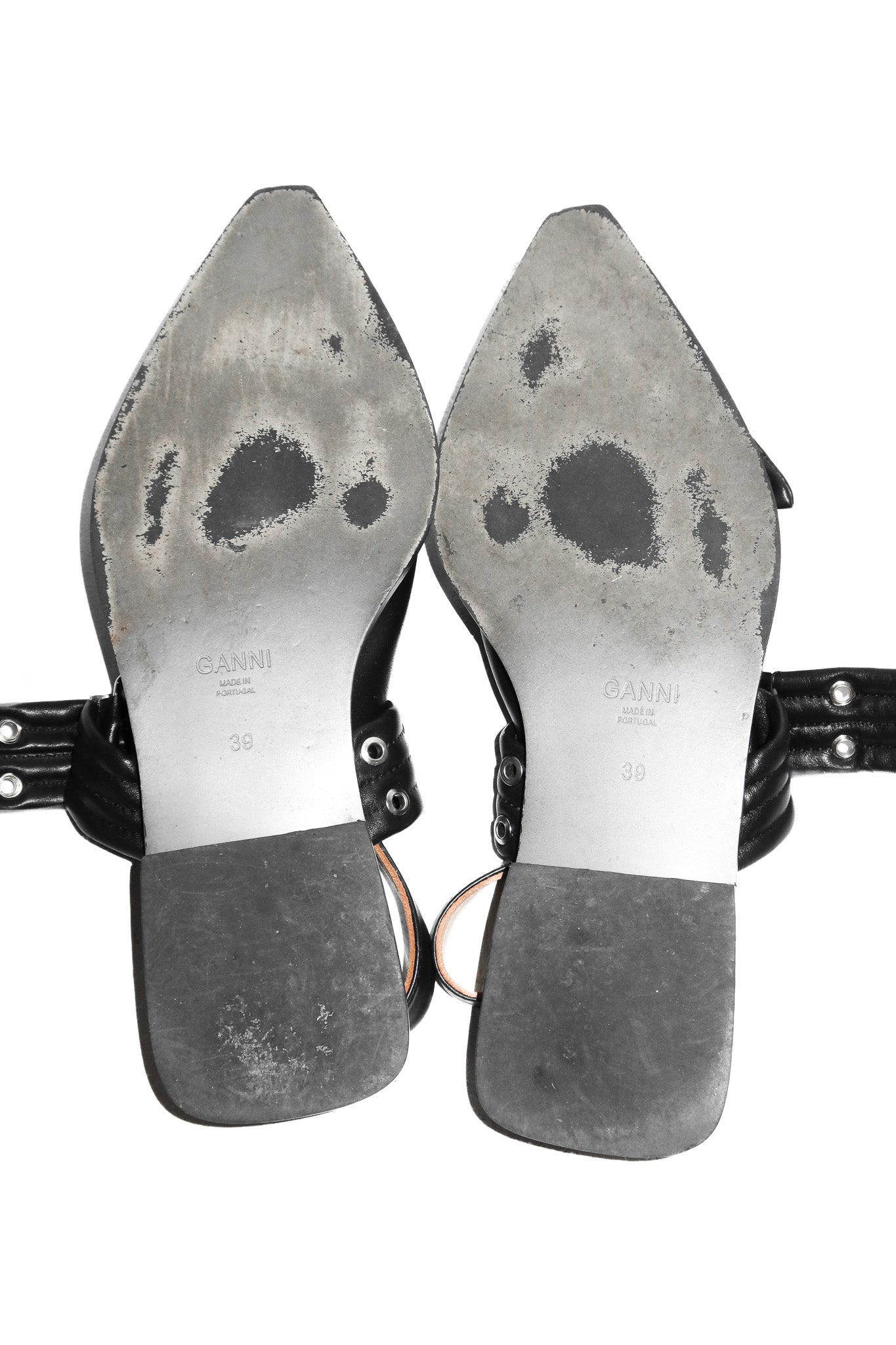 ganni pointed toe buckle flats black.