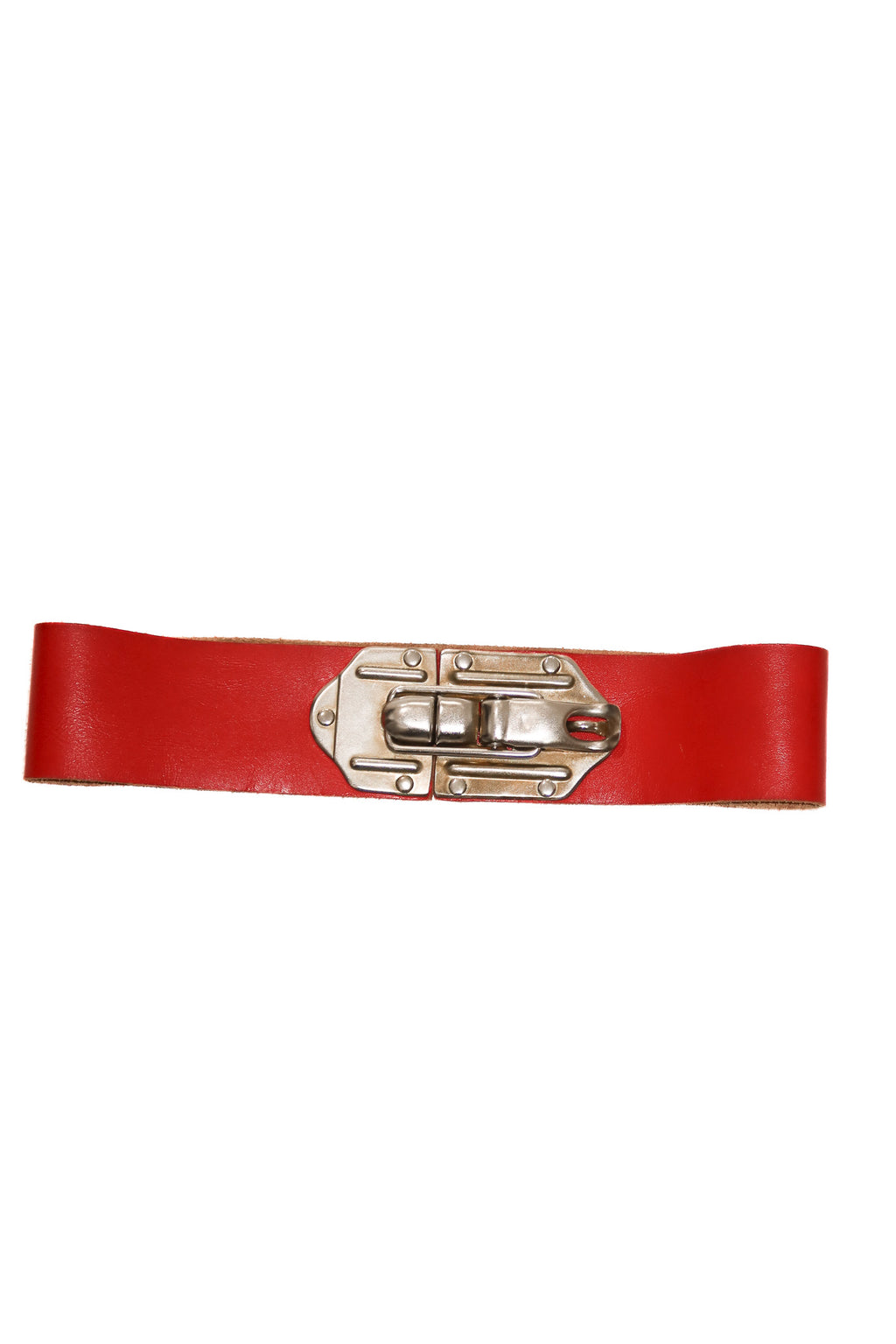 vintage pop-lock buckle leather belt red.