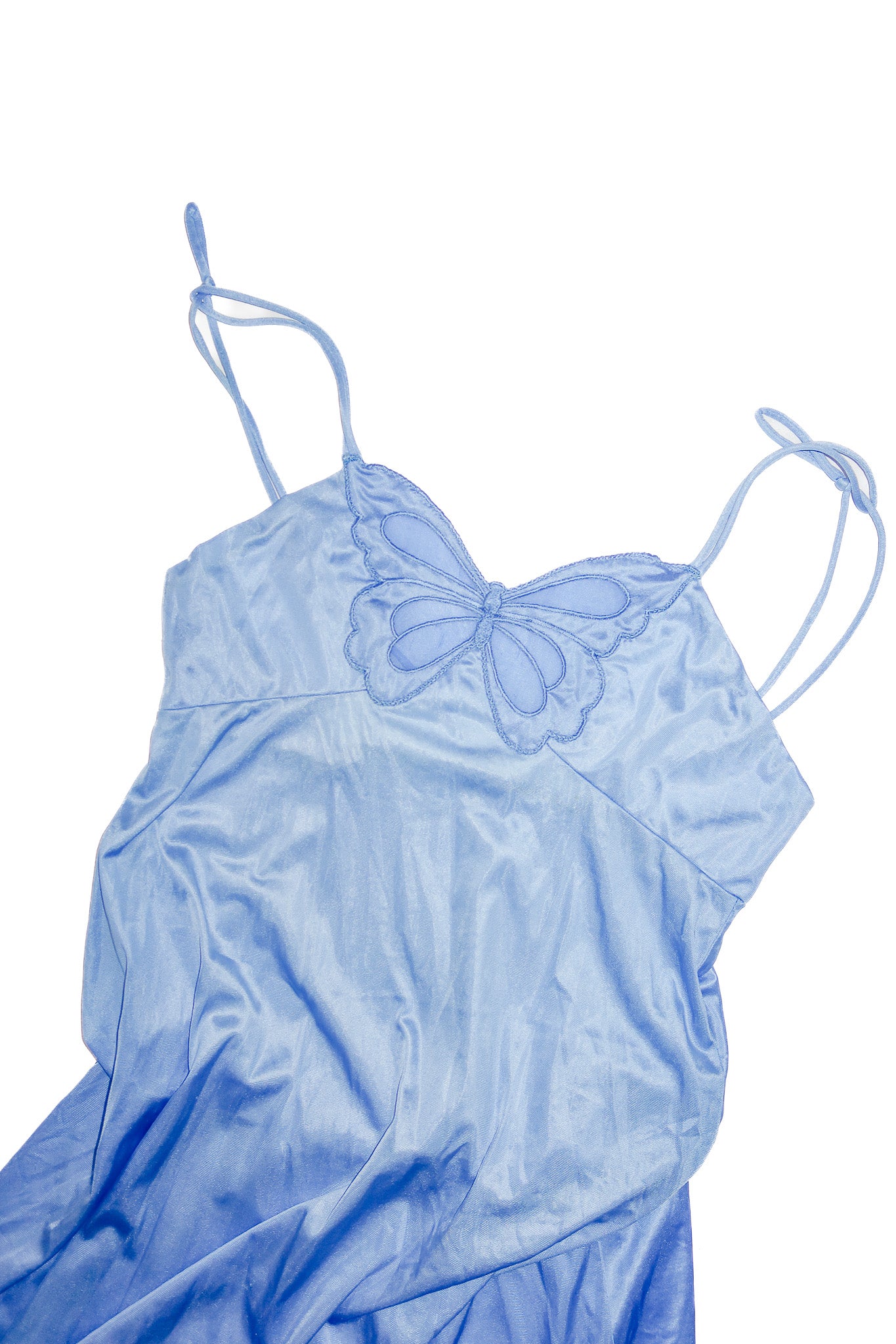 1970's novita satin butterfly maxi slip dress blue.