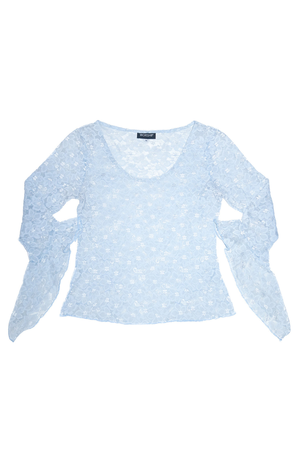 2000’s worship sheer lace flared sleeve top blue.