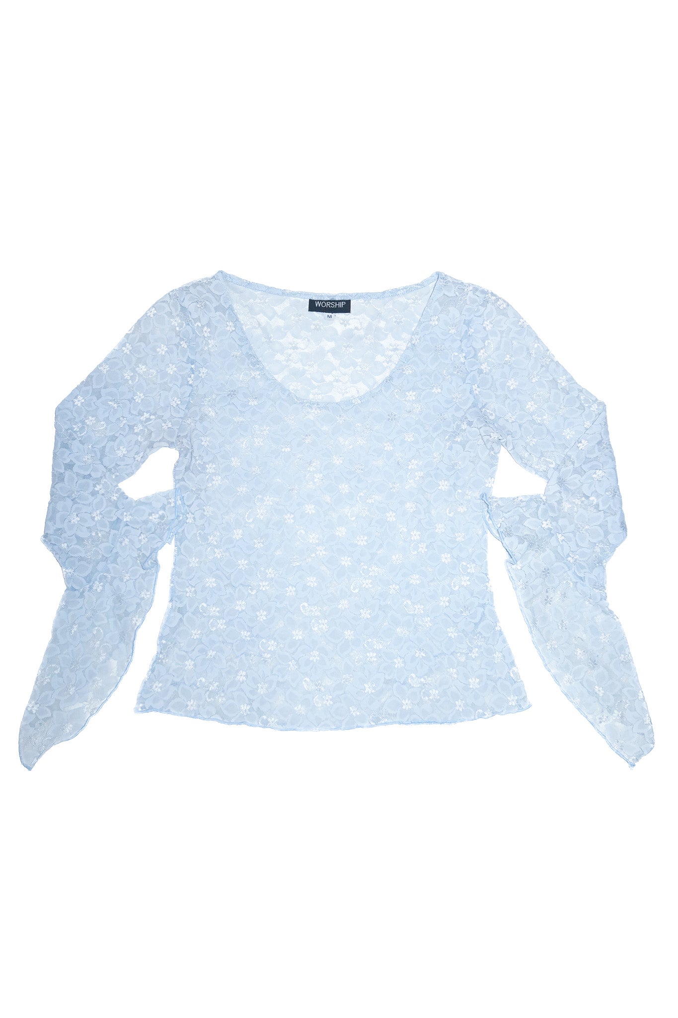 2000’s worship sheer lace flared sleeve top blue.