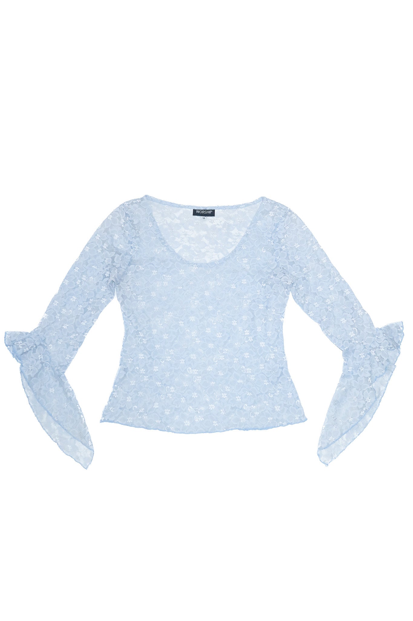 2000’s worship sheer lace flared sleeve top blue.