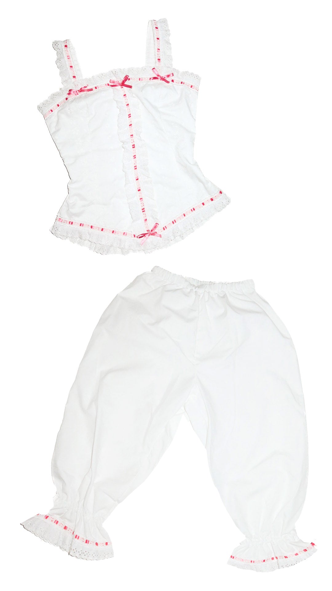 vintage handmade lace trim corset and bloomer set white/ pink.
