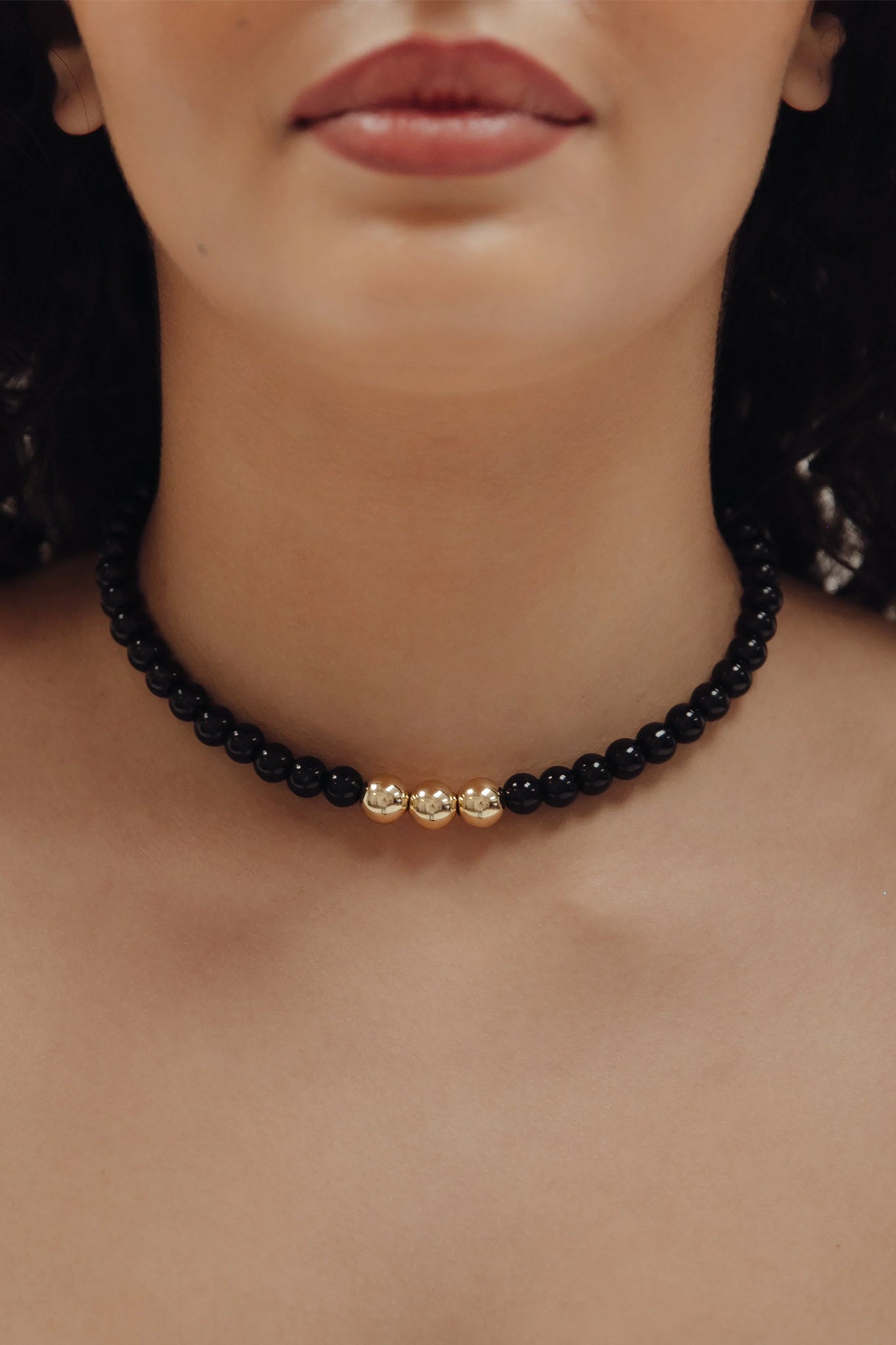 black onyx beaded necklace gold.